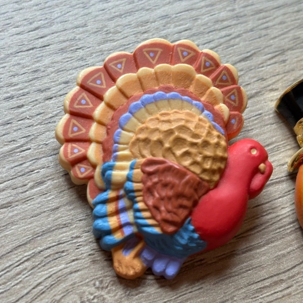 Festive Turkey and Pumpkin Brooch Set